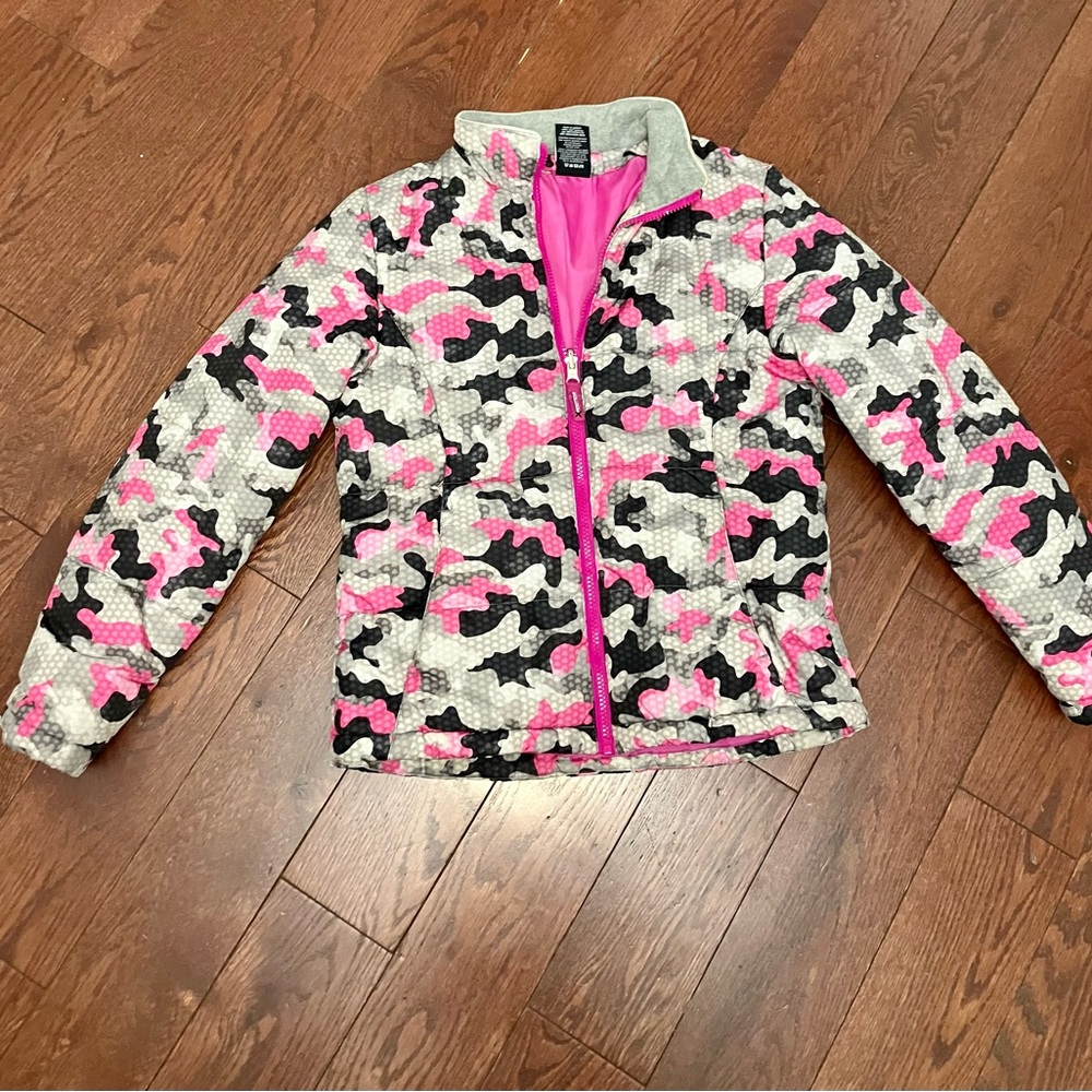 Pink and Black Camo Puffer Jacket with Stand-Up Collar
